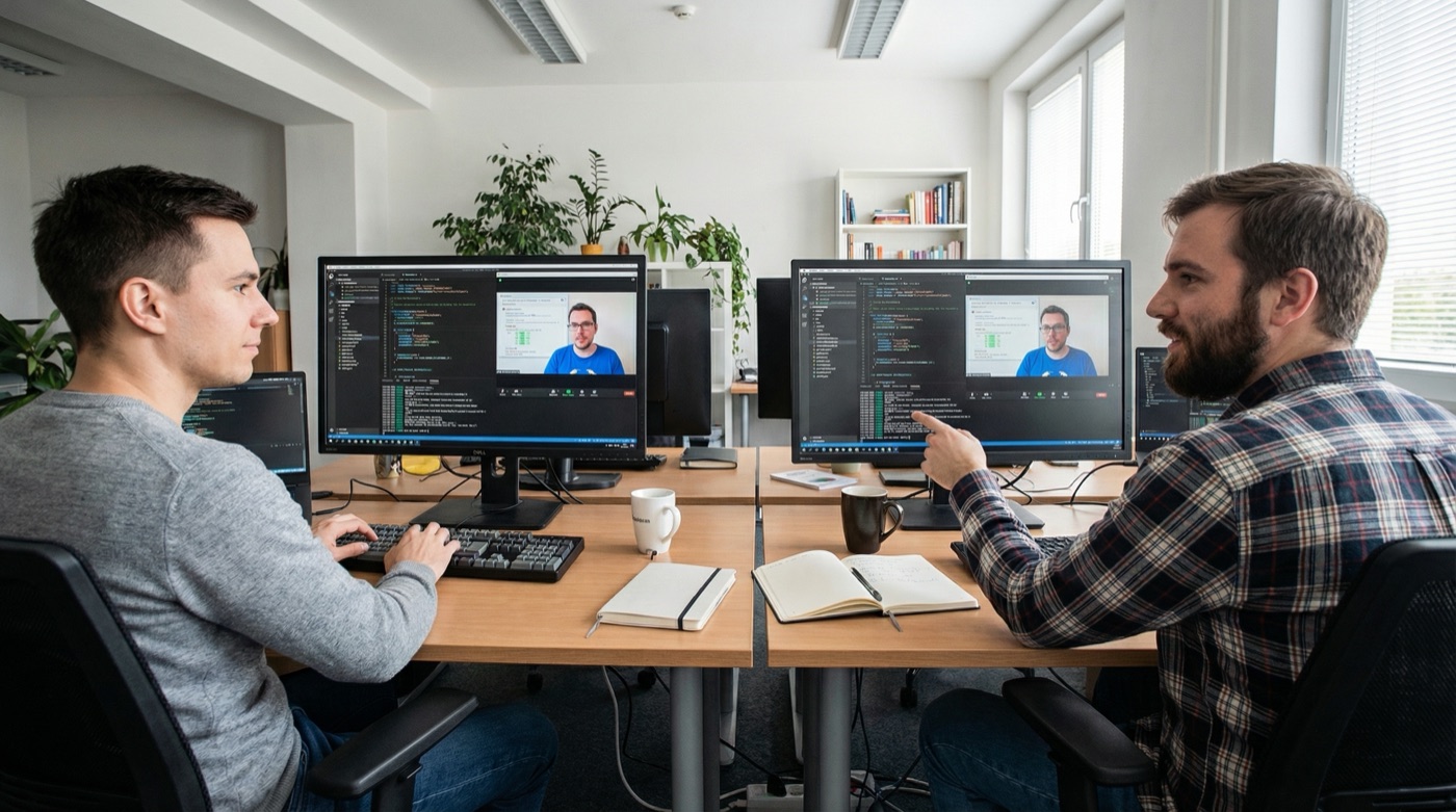 Dos desarrolladores del mismo equipo en una sesión real de formación remota, trabajando juntos sobre el código con un formador en pantalla.