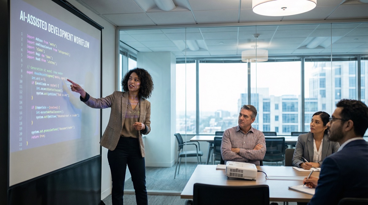 Martín sentado al fondo de la sala de conferencias, con los brazos cruzados, observando la demostración de IA mientras sus colegas más jóvenes se inclinan hacia adelante con entusiasmo.