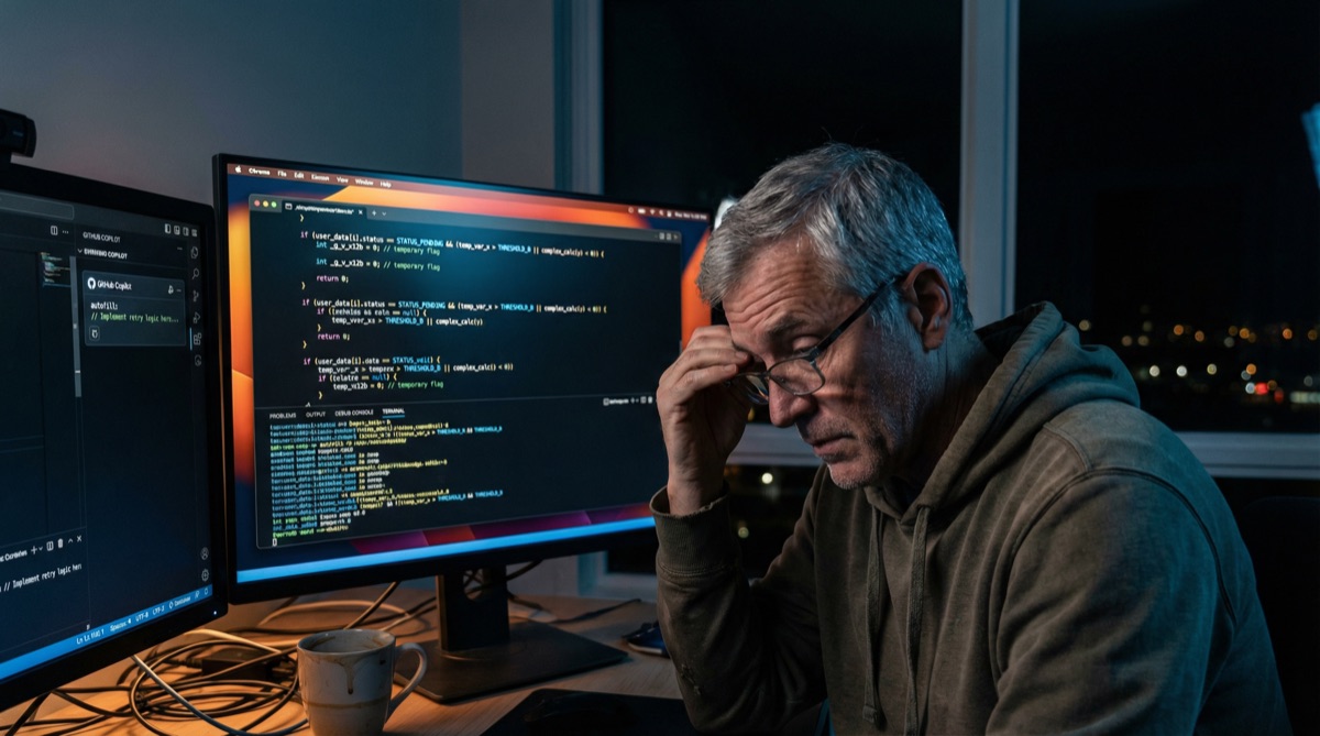 Martín solo en su escritorio a las 2 AM, la luz del monitor iluminando su rostro, la oficina vacía a su alrededor. La solución finalmente funciona.