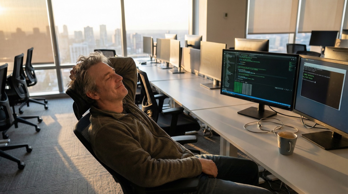 Martín en su escritorio mientras la luz del amanecer entra por la ventana, un momento silencioso de realización en su rostro. El miedo se ha transformado en comprensión.