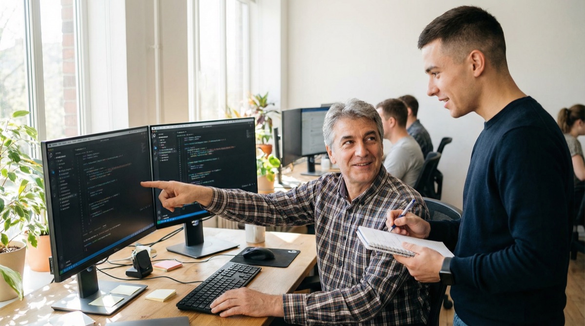 Martín y un desarrollador junior en una estación de trabajo, Martín señalando la pantalla mientras explica su enfoque. El desarrollador más joven escucha atentamente.