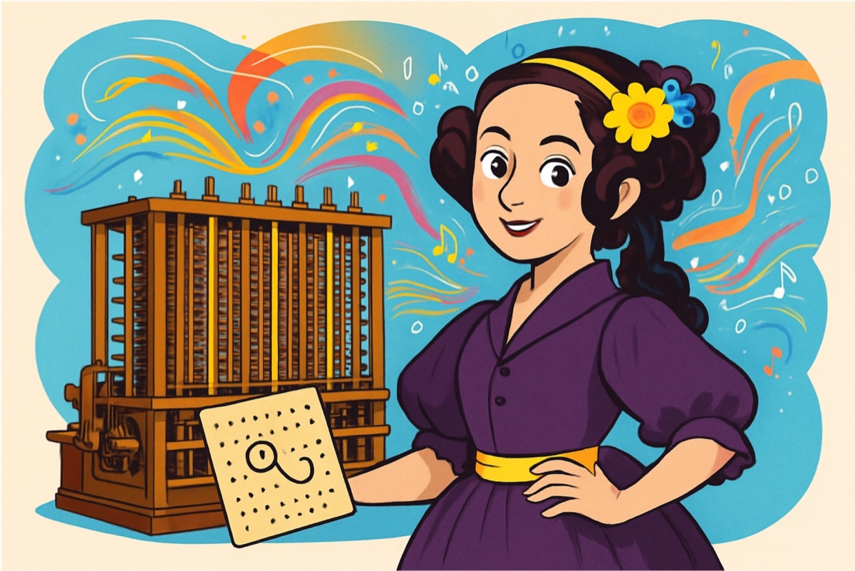Ada Lovelace contemplando la Máquina Analítica, imaginando el futuro de la computación