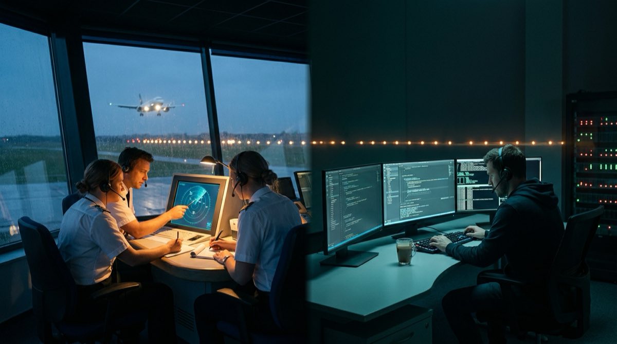 Geteilte Szene: Fluglotsen koordinieren ein anfliegendes Flugzeug, während ein einzelner Entwickler mehrere Coding-Agenten überwacht.