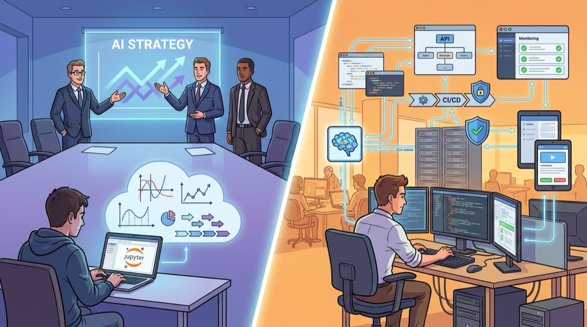 Geteilte Illustration: Auf der einen Seite präsentieren Führungskräfte eine KI-Strategie über einem einzelnen Data Scientist mit Jupyter, auf der anderen Seite betreibt ein Softwareentwickler APIs, CI/CD, Sicherheit und Monitoring.