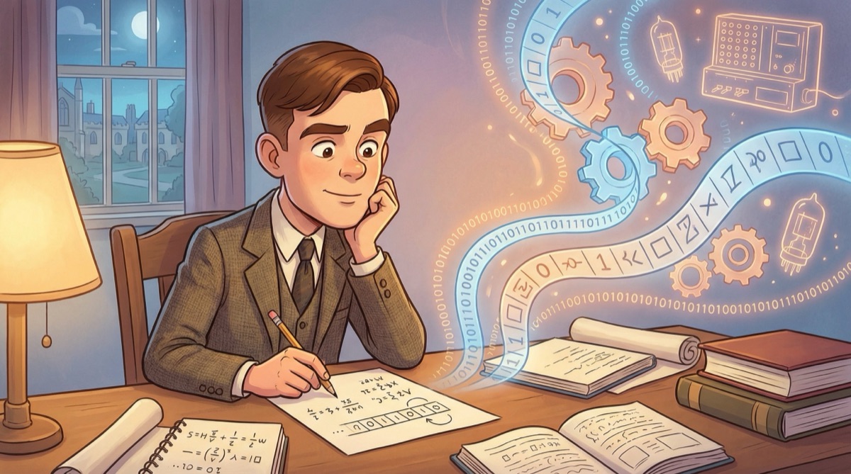 Alan Turing contemplating the theoretical foundations of computation