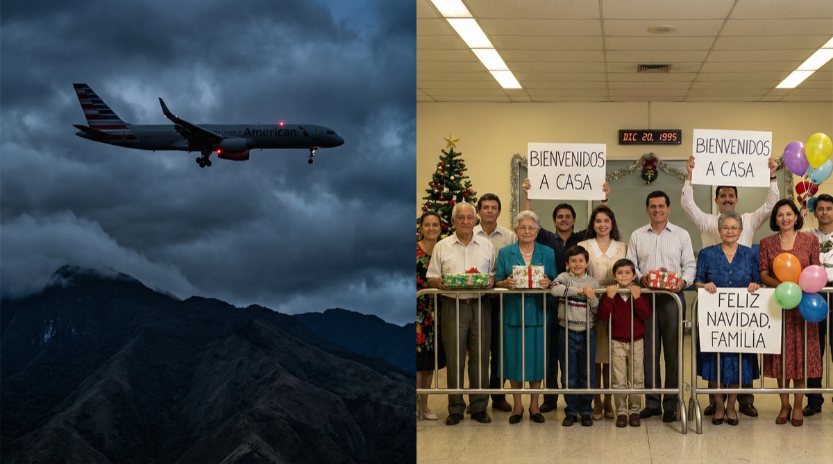 Ein Verkehrsflugzeug sinkt nachts durch Wolken auf gebirgiges Terrain zu