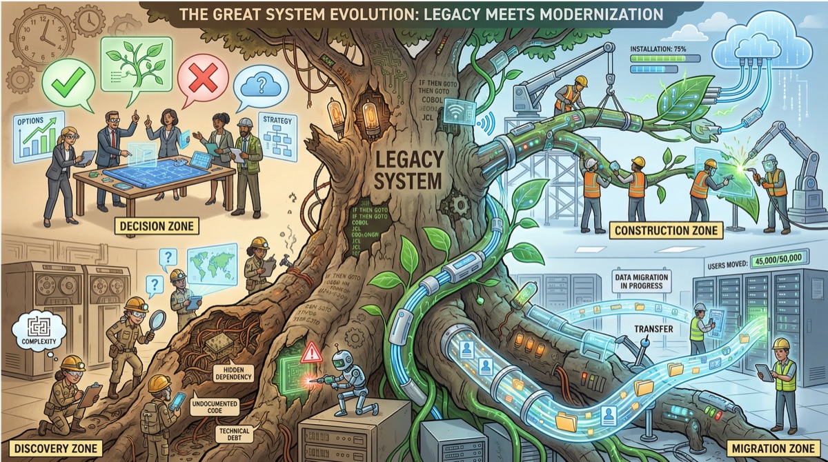 Una higuera estranguladora envolviendo gradualmente un árbol antiguo, simbolizando la modernización incremental de sistemas de software