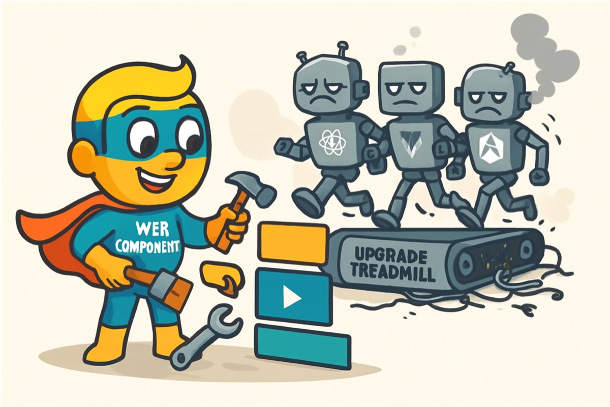 Modern web browser window showing interconnected custom HTML elements with clean, modular code