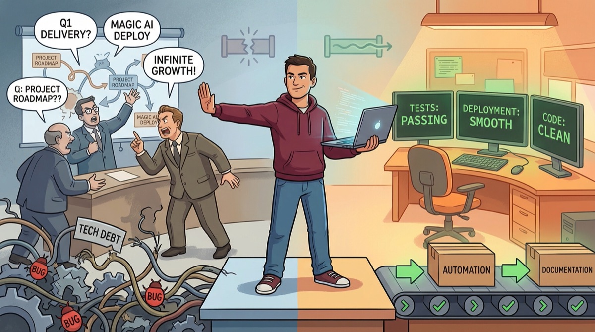 Una imagen de contraste: una mascota 'distribuidora de pegatinas' frente a un ingeniero serio analizando un pipeline roto