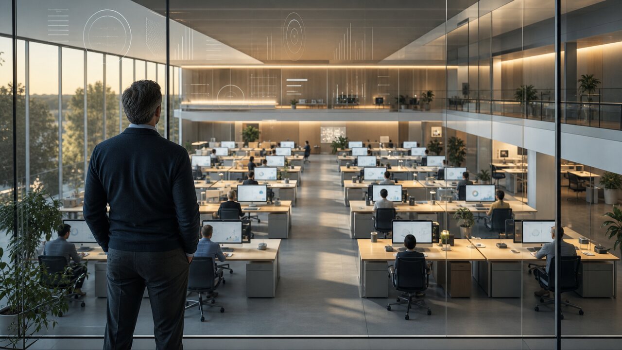 An executive surveys a calm, symmetrical software office where teams work beneath subtle dashboard reflections.