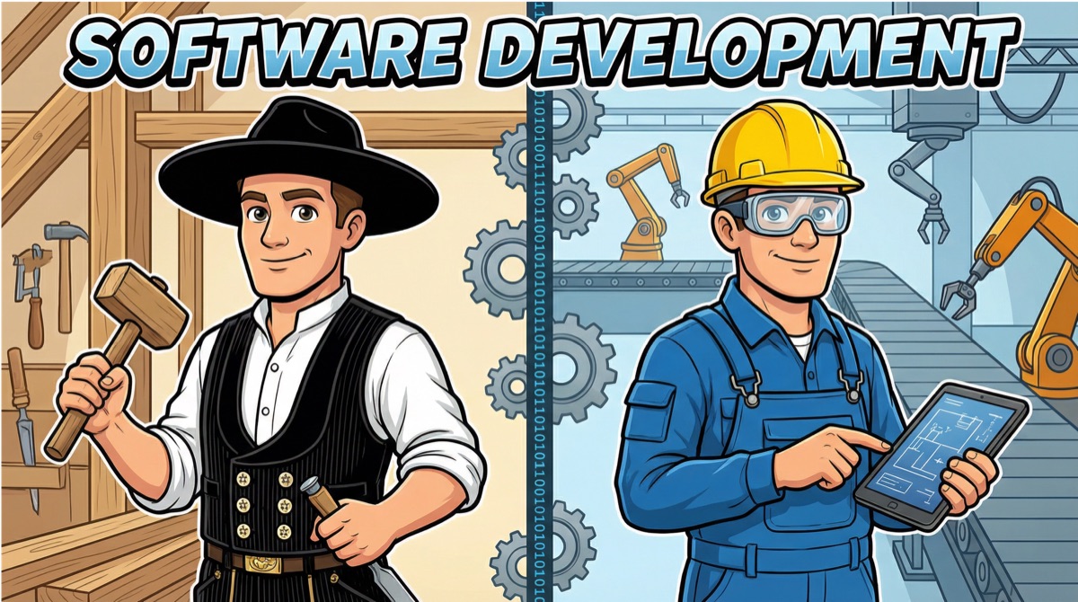 Ein Tischlermeister fertigt Schwalbenschwanzverbindungen neben einem Entwickler, der Code schreibt — die Dualität von Handwerk und Gewerbe