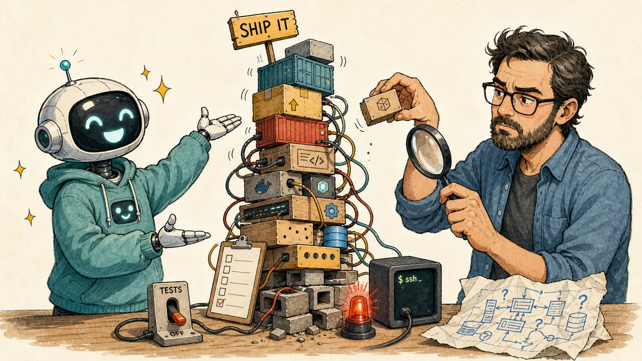 Cartoon eines eifrigen KI-Roboters, der einen wackeligen Stapel von Softwarekomponenten präsentiert, während ein Entwickler ihn prüft.