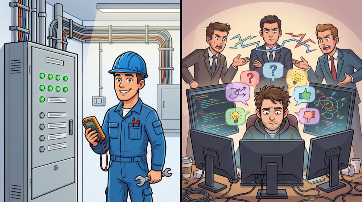 Ilustración dividida que contrasta un electricista confiado frente a un panel con luces indicadoras verdes versus un desarrollador estresado rodeado de ejecutivos discutiendo y burbujas de opiniones contradictorias
