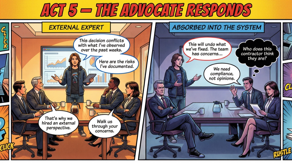Act 5: Advocate Response — Evidence versus verbal explanation