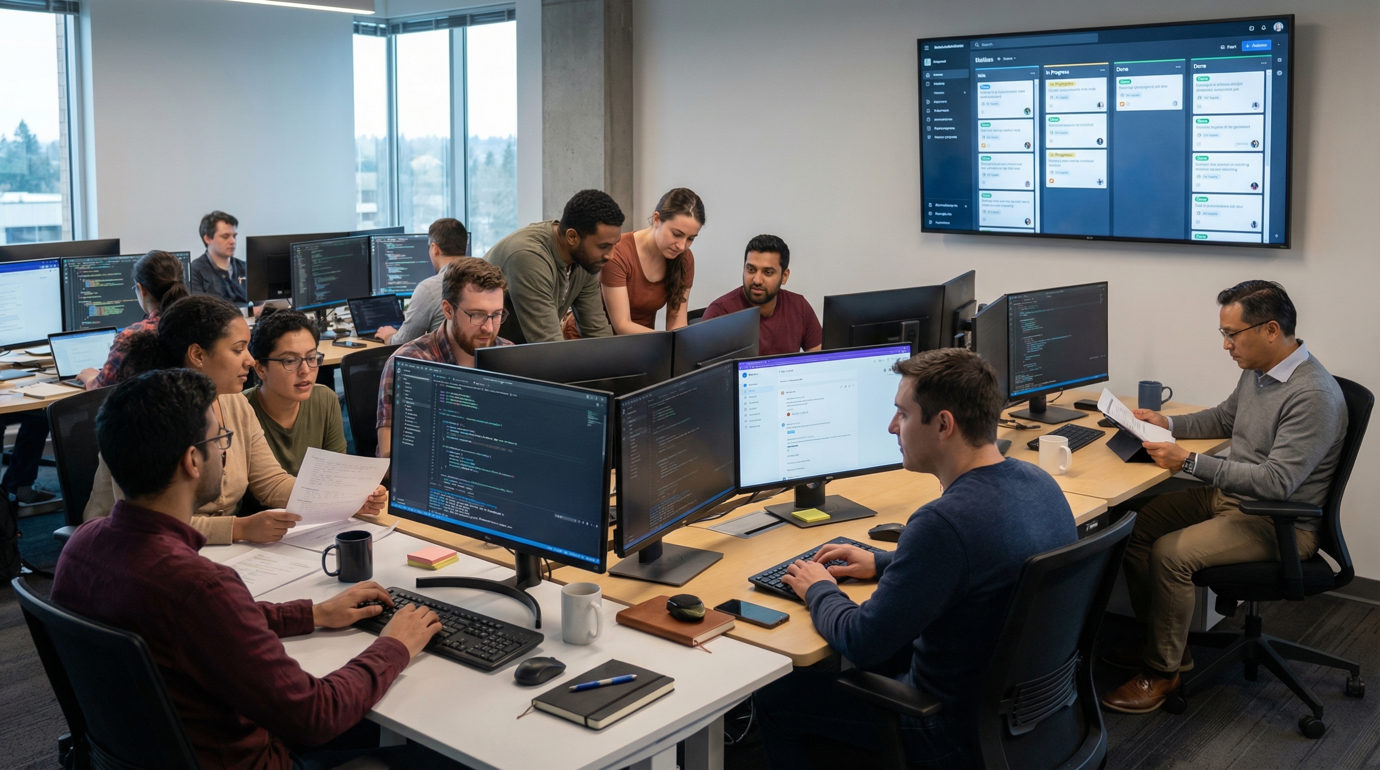 Entwickler arbeiten sichtbar entspannter, während der CTO in der Ecke sitzt, liest und das Team konzentriert arbeitet