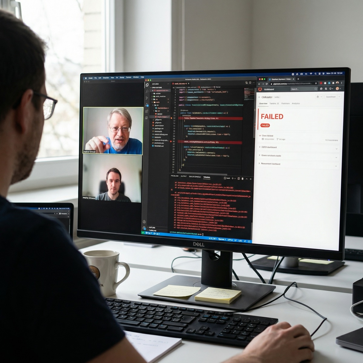Remote-Pairing-Session mit Stephan Schwab und einem Entwickler bei einem fehlschlagenden Build und Bugfix