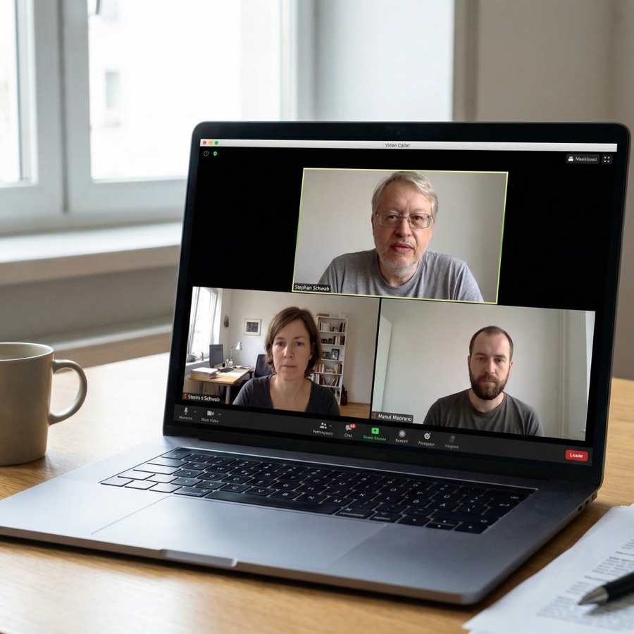 Ruhiger erster Remote-Call mit Stephan Schwab und zwei Teilnehmern auf dem Laptop-Bildschirm