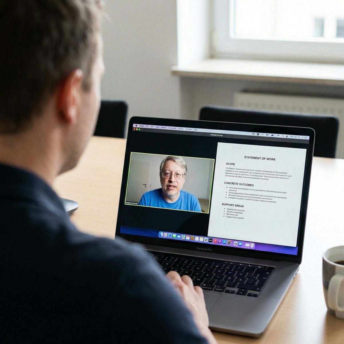 CTO in einem fokussierten Arbeitscall mit Stephan Schwab bei der gemeinsamen Durchsicht einer kurzen Leistungsvereinbarung