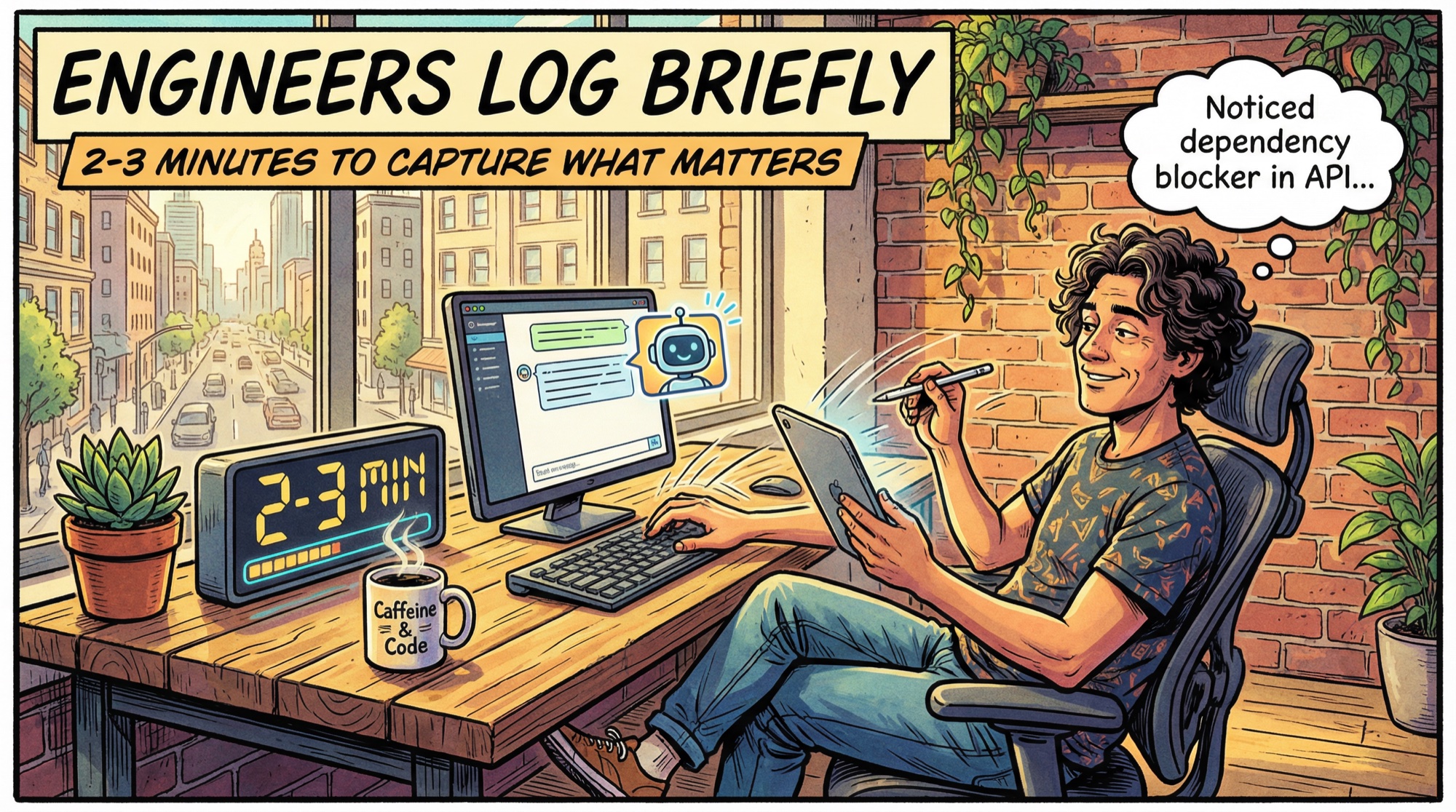 Desarrollador usando tablet para registro diario breve