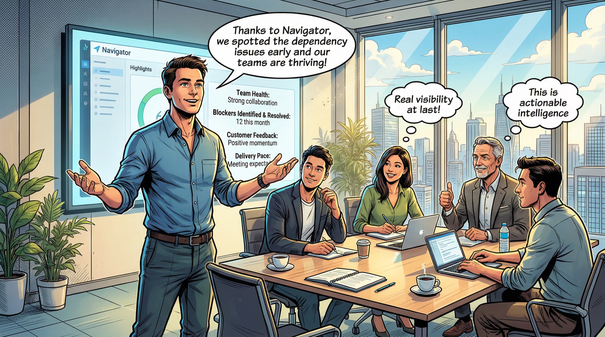 Ejecutivo en sala de juntas recibiendo insights sintetizados de Navigator