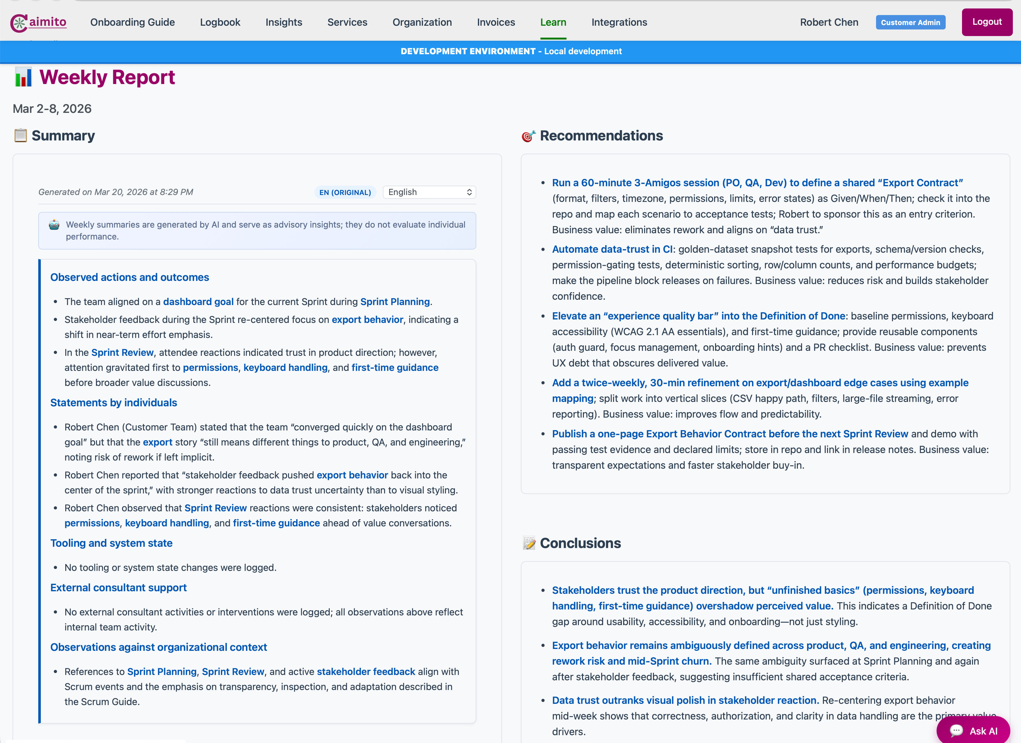 Beispiel für einen wöchentlichen Navigator-Bericht