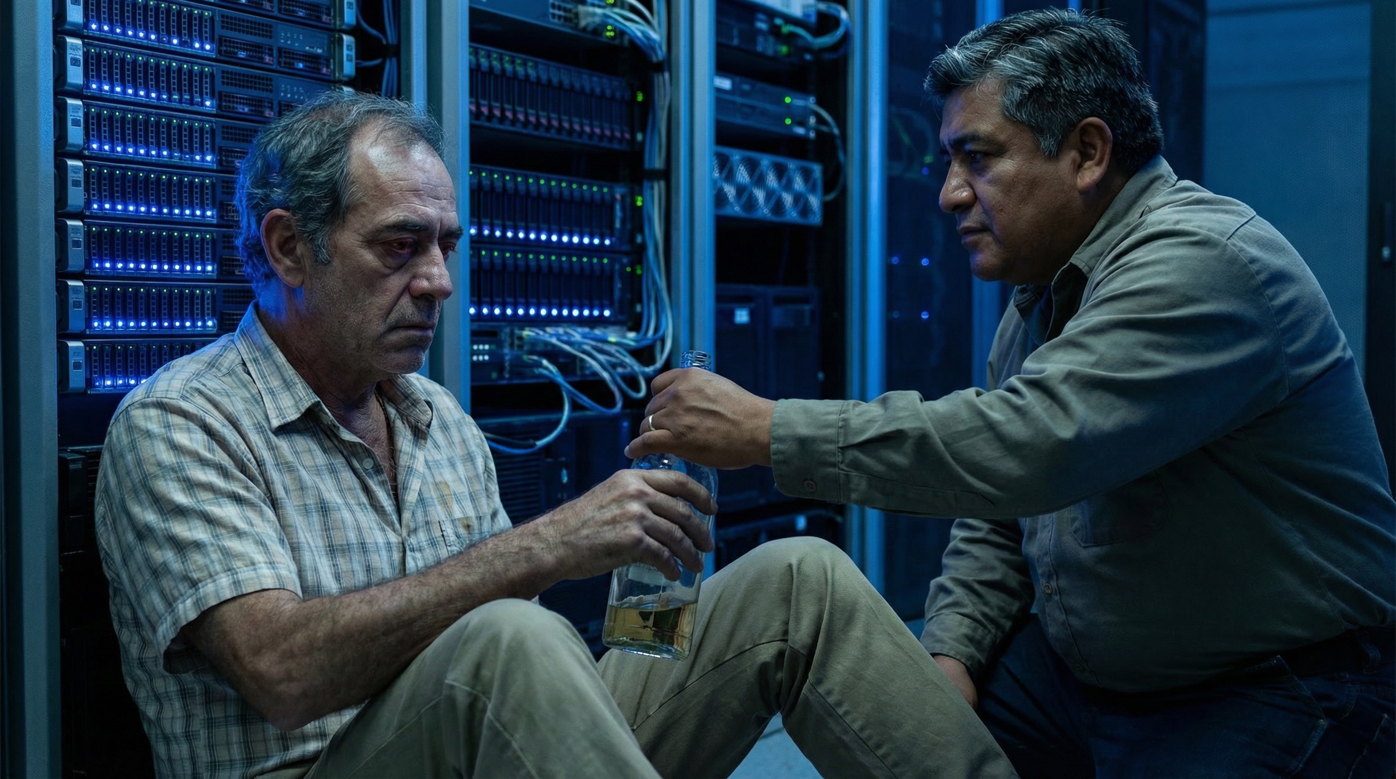 Héctor sits against the server rack, bottle in hand, as Mando approaches