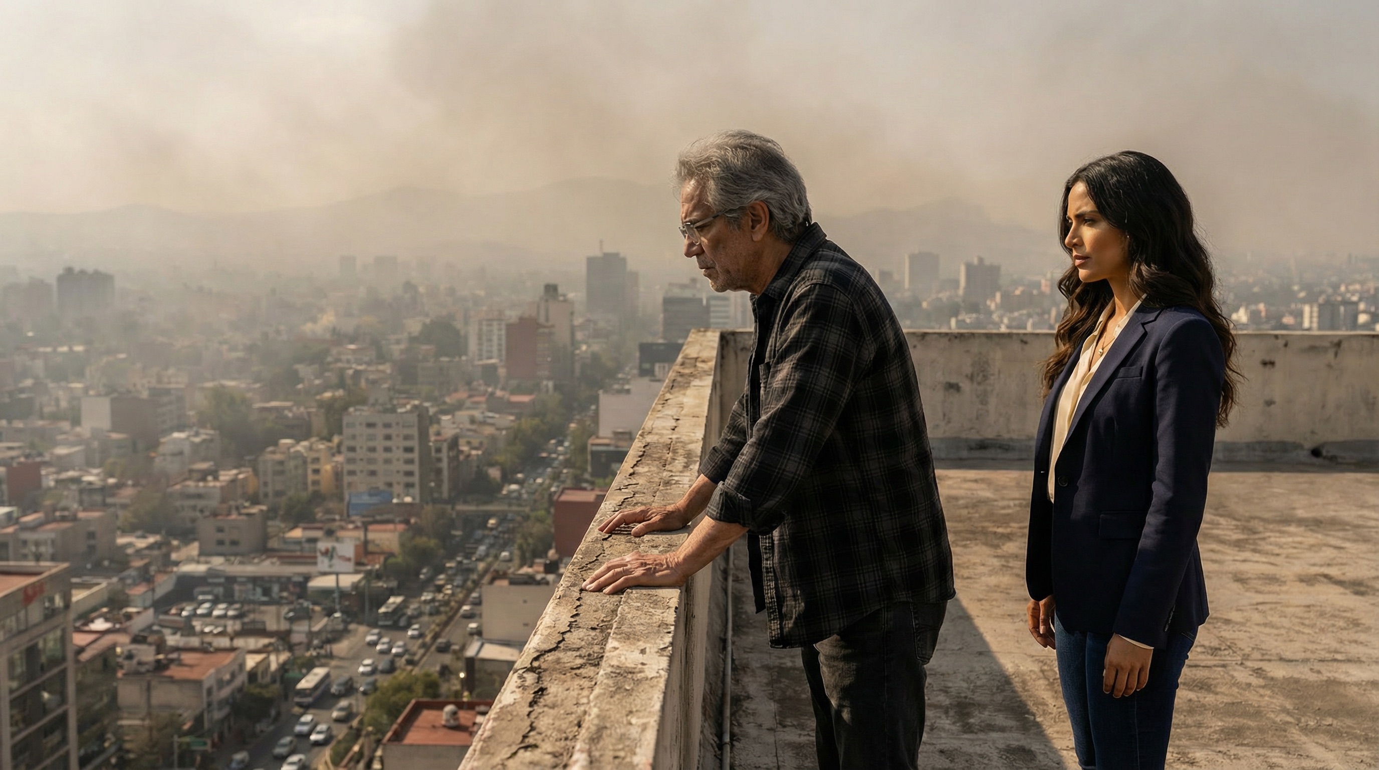 Valentina stands beside Rafa on the rooftop, Mexico City skyline behind them