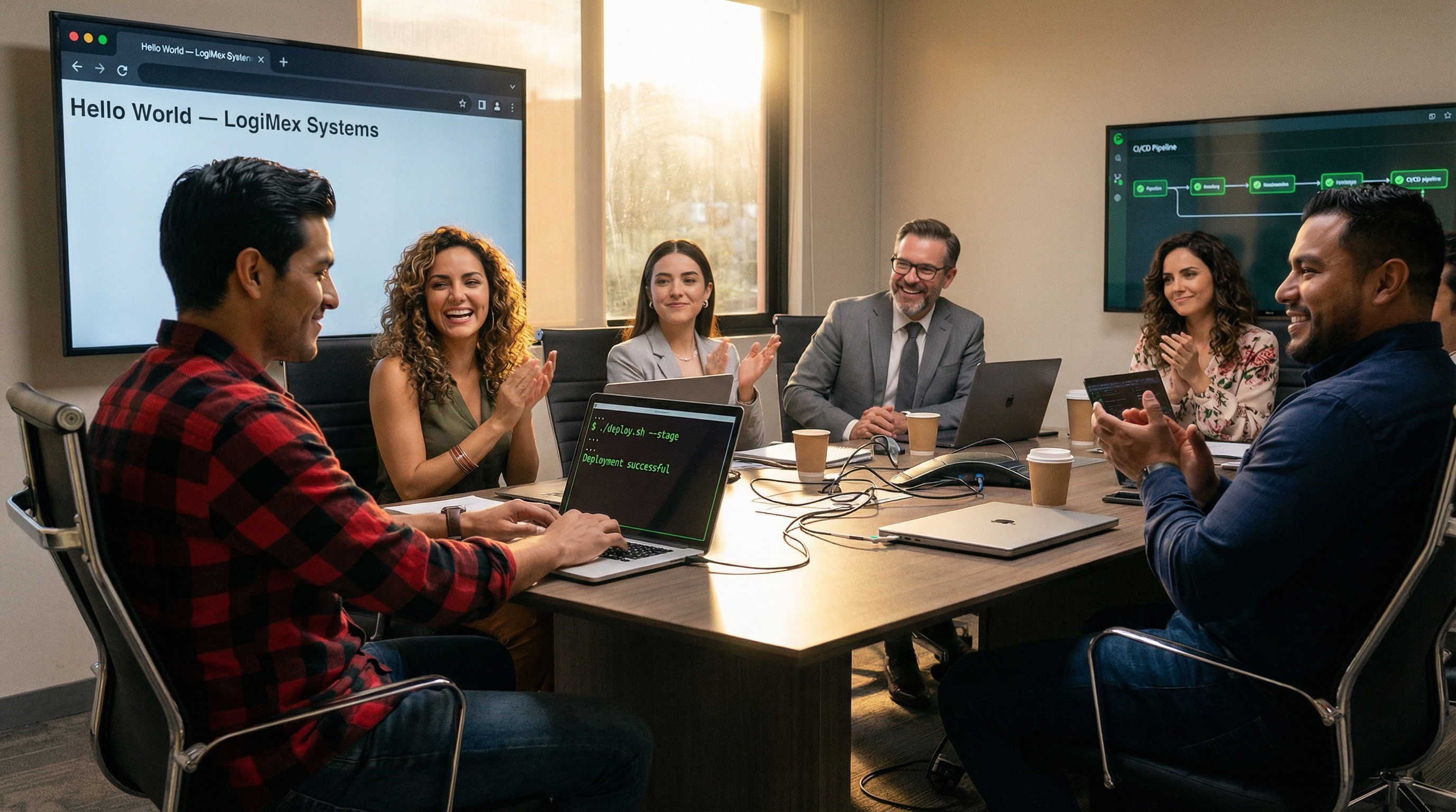 The team gathers around Diego's laptop as Hello World appears on screen