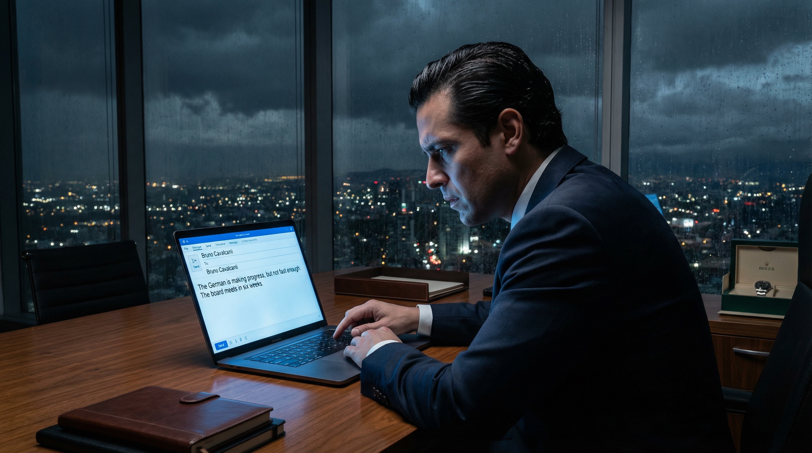 Patricio alone in his dark office, laptop glowing, city lights behind him