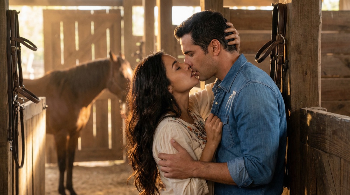 Camila und Dr. Emiliano Contreras teilen einen leidenschaftlichen verbotenen Kuss in den Ställen