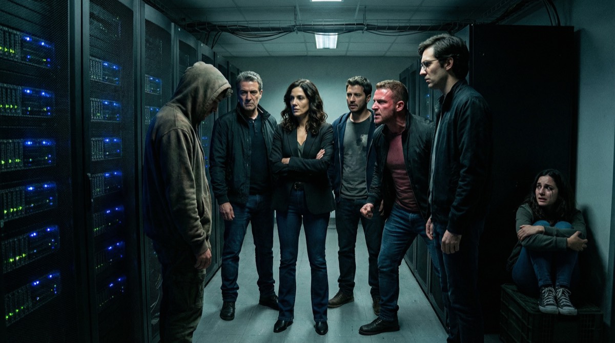 Das Team versammelt sich im Serverraum, um über Sebastiáns Schicksal zu urteilen