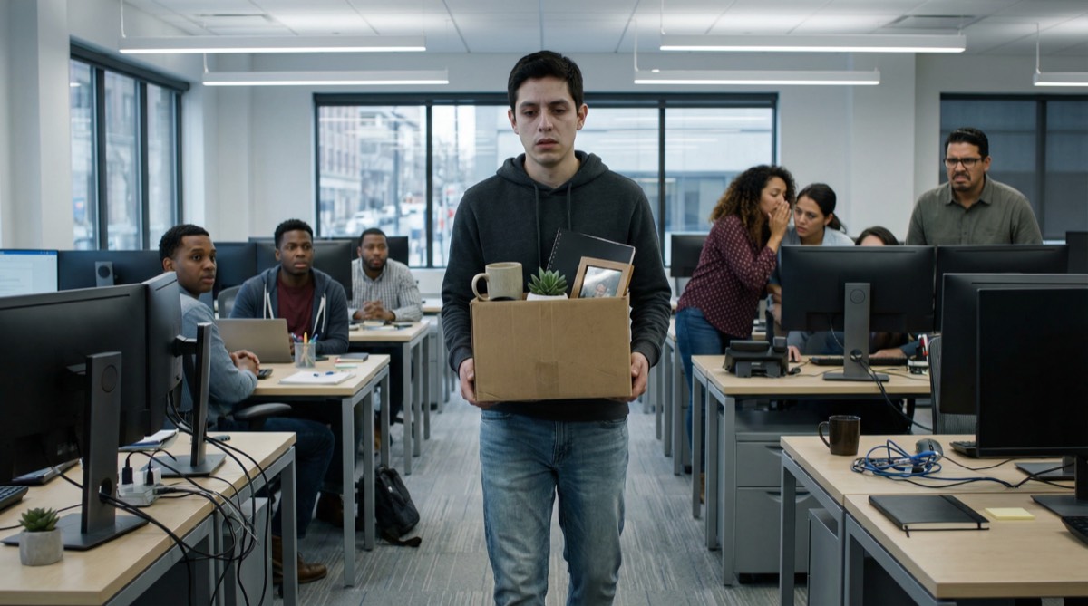 Gabriel geht mit einem Pappkarton hinaus, das Büro verstummt