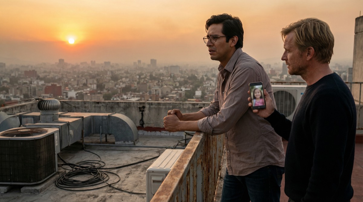 Diego und Stefan auf dem Dach bei Sonnenuntergang, Mexiko-Stadt breitet sich unter ihnen aus