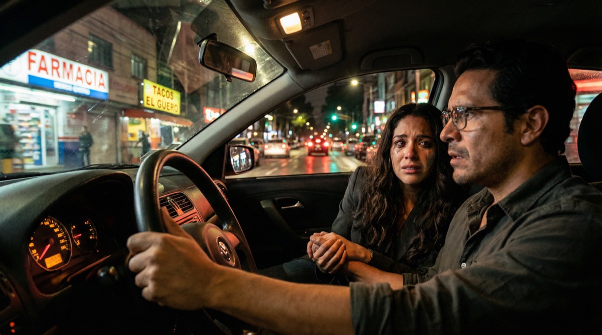 Diego fährt durch die nächtlichen Straßen von Mexiko-Stadt, Valentina weint neben ihm