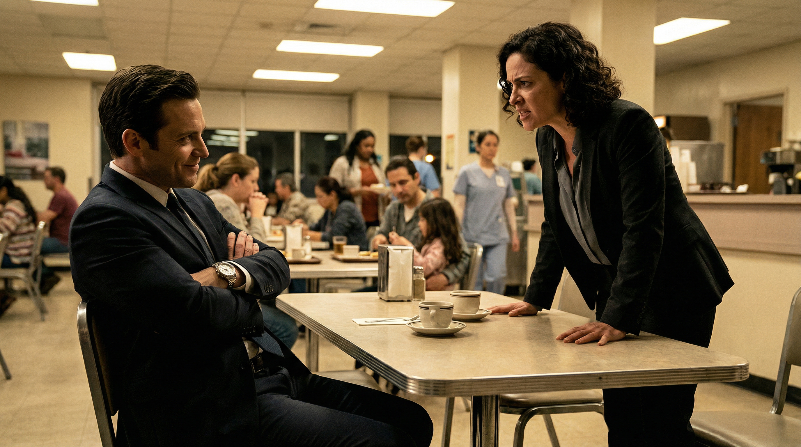 Bruno sitzt Valentina in der Krankenhaus-Cafeteria gegenüber, Kaffee unberührt zwischen ihnen