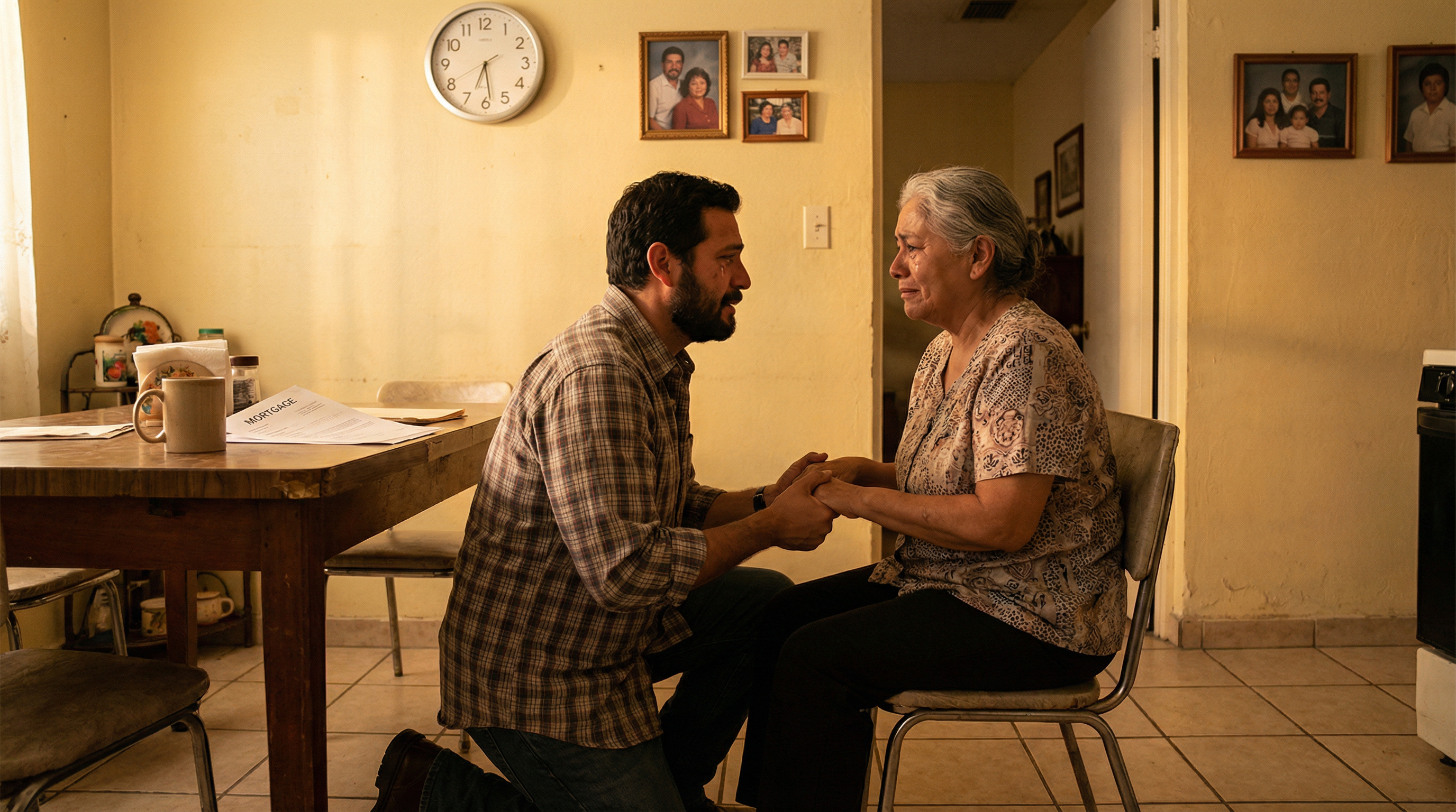 Diego steht vor einem bescheidenen Haus in einer Arbeiterviertel-Nachbarschaft, Dokumente in der Hand