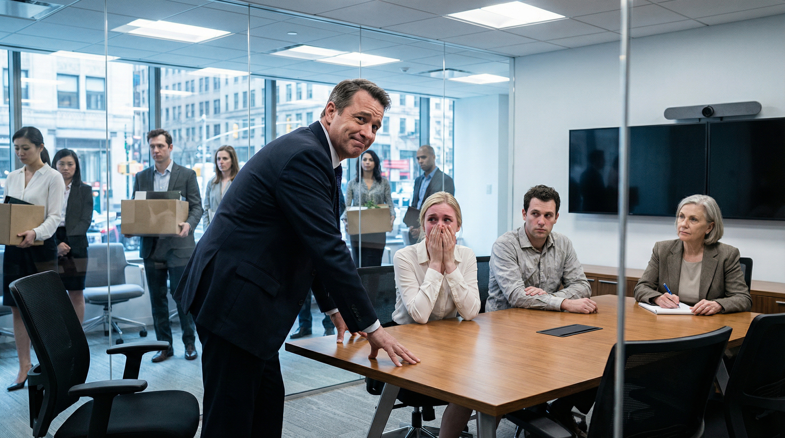 Zwei Entwickler packen ihre Sachen, während das Büro in betäubtem Schweigen zusieht