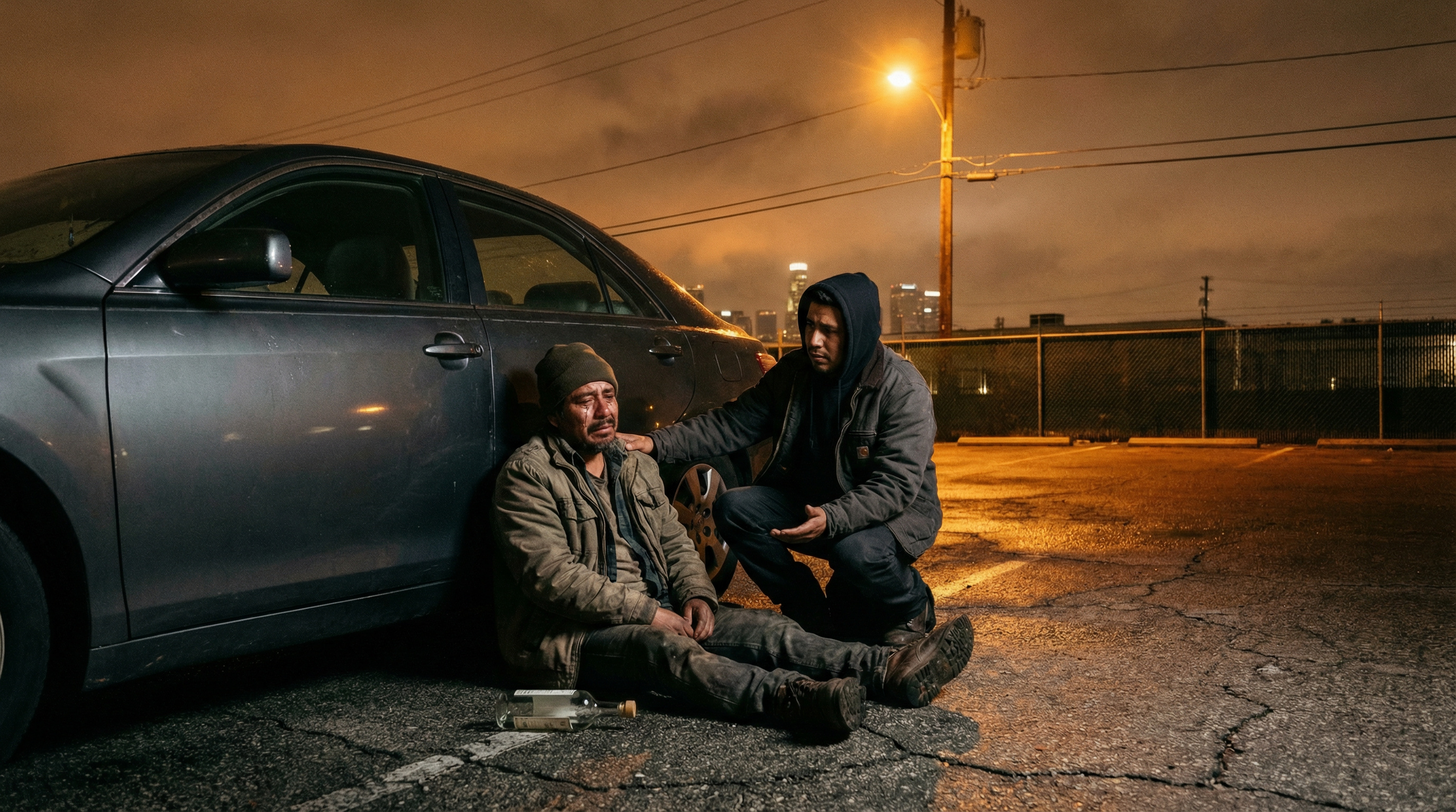 Mando findet Héctor um 2 Uhr morgens gegen sein Auto gelehnt, eine leere Flasche neben ihm