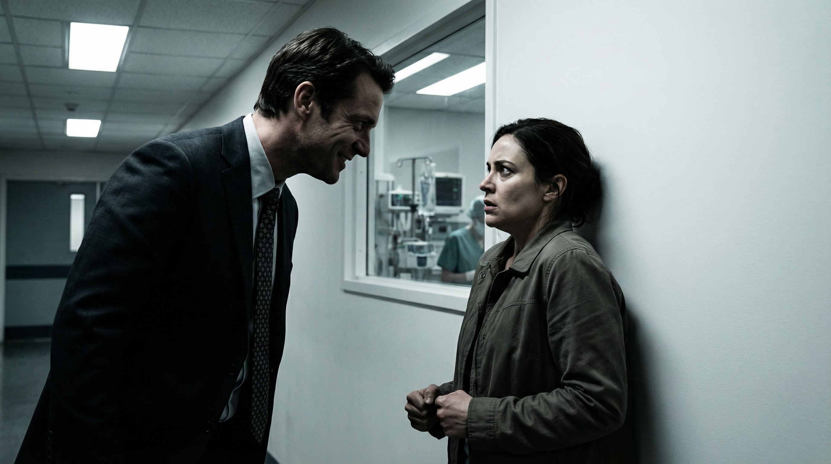 Bruno treibt Valentina in einem Krankenhausflur in die Enge, Schatten schneiden über sein Gesicht