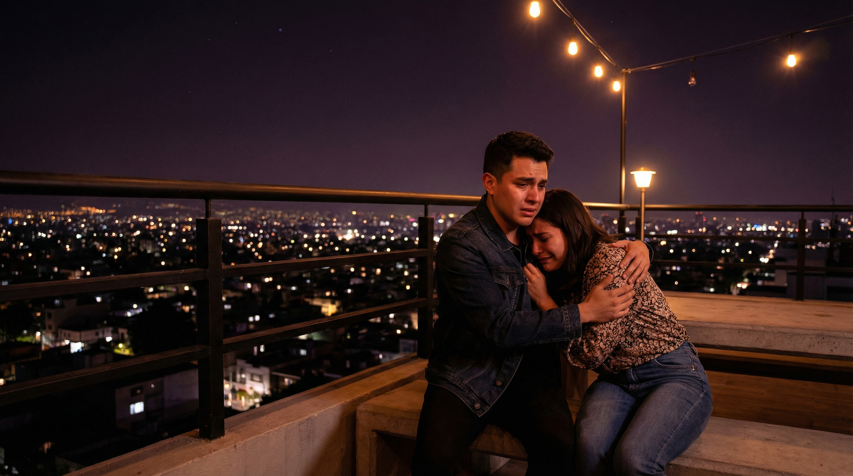 Diego hält Valentina auf dem Dach, während Mexiko-Stadt unter ihnen glitzert, beide weinen