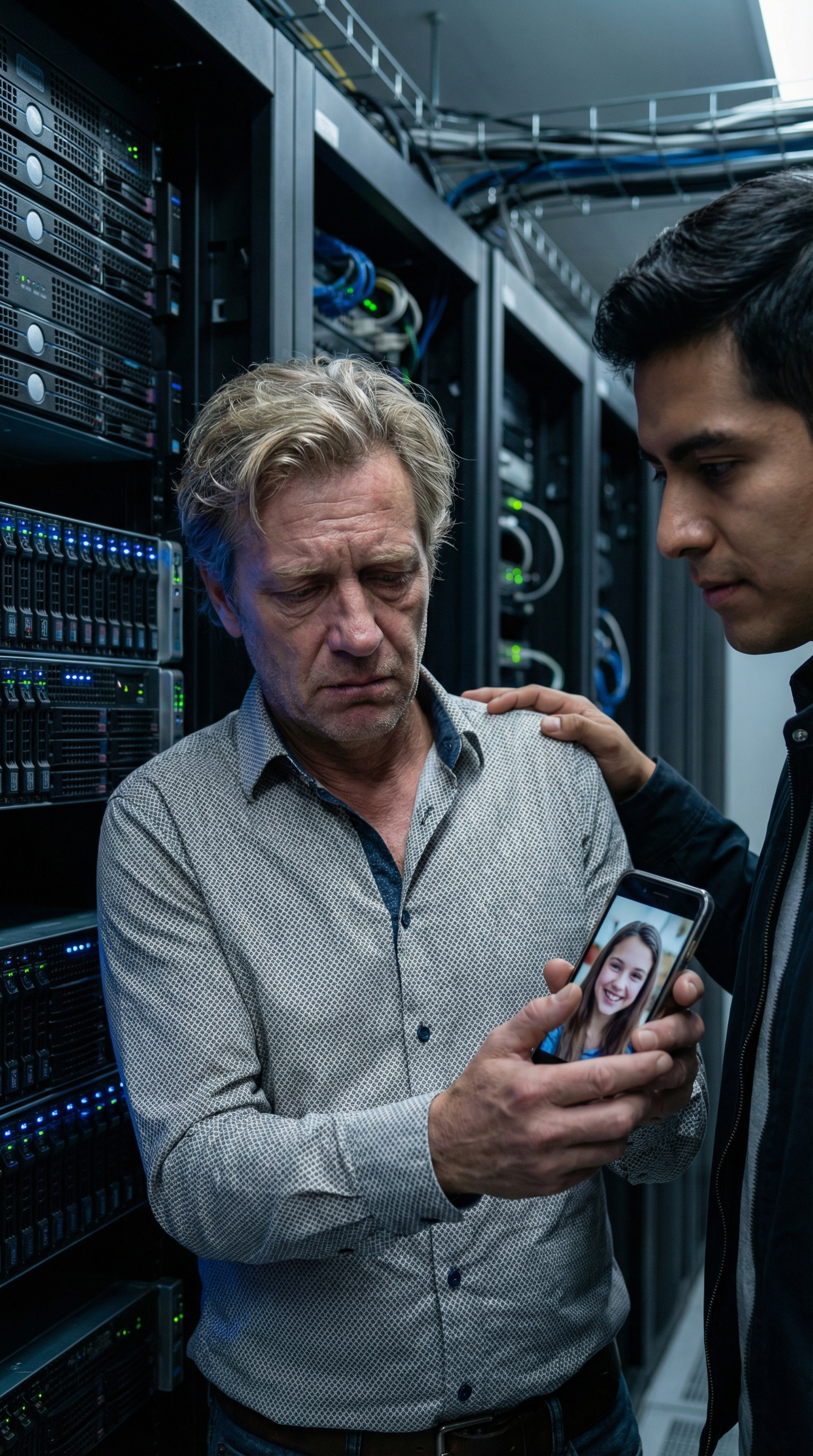 Stefan zeigt Diego ein Foto seiner Tochter auf seinem Handy, sein Gesicht von Kummer gezeichnet