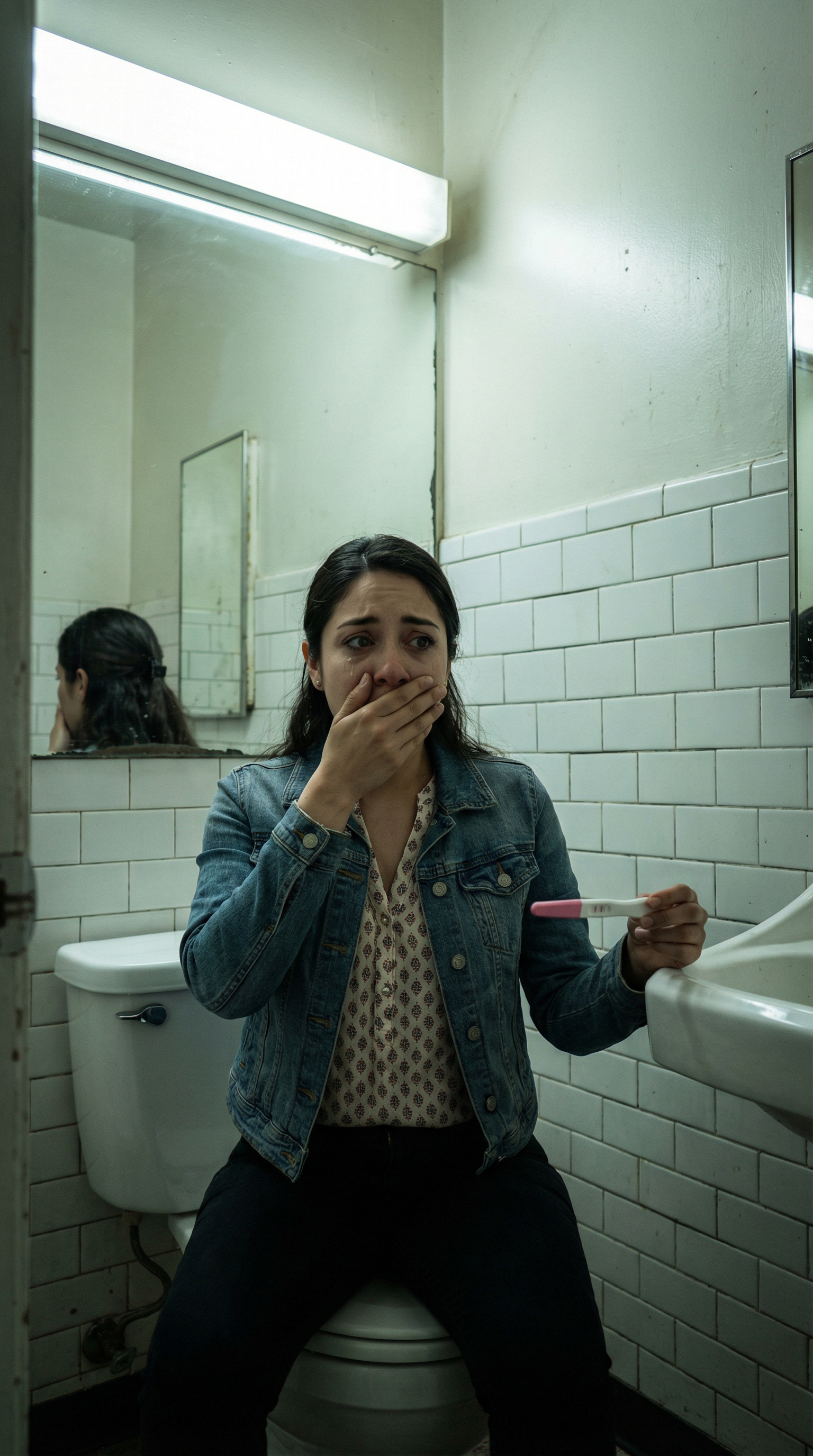 Mari starrt auf einen Schwangerschaftstest im Badezimmer, ihr Spiegelbild zeigt Schock und Angst