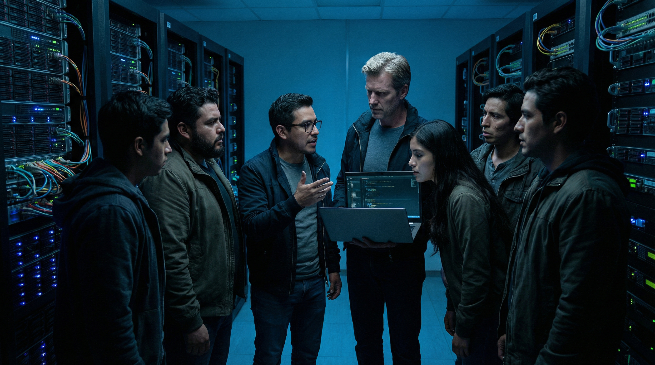 Die Entwickler versammeln sich nach Feierabend im Serverraum und planen mit geflüsterten Stimmen