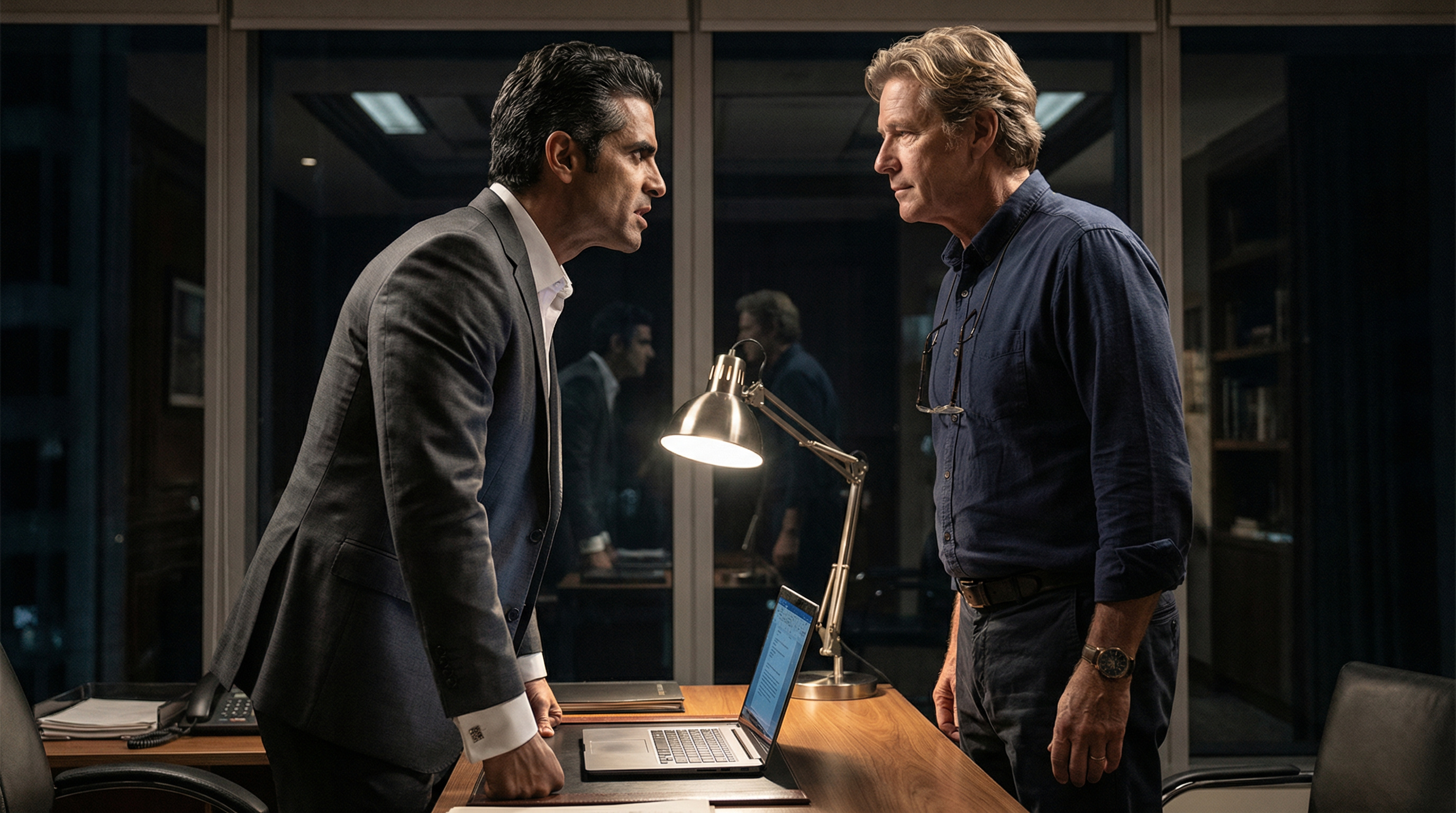 Bruno und Stefan stehen sich über den Schreibtisch hinweg gegenüber, die Schreibtischlampe wirft scharfe Schatten zwischen ihnen
