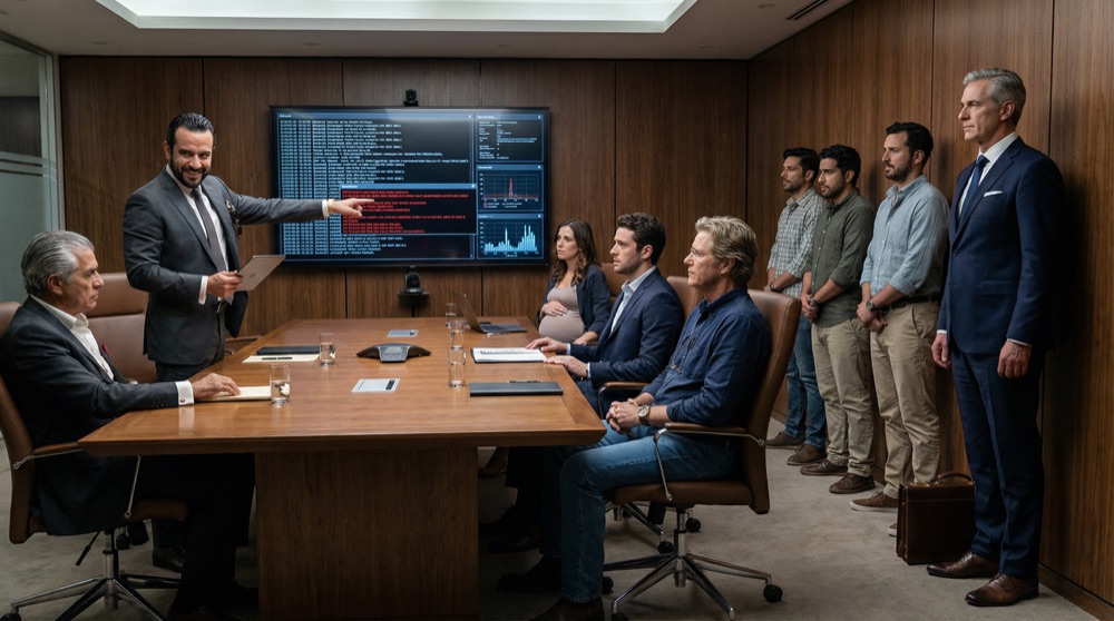 Bruno stands at the head of the boardroom, pointing at screen showing server logs, his face triumphant with barely concealed malice