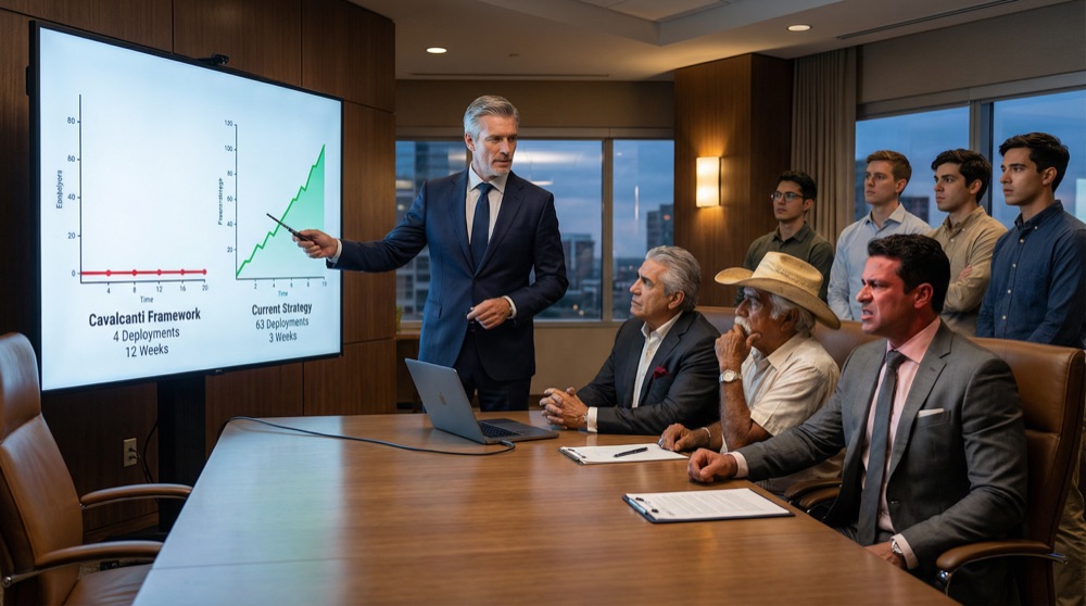 Stefan at the presentation screen, showing actual deployment metrics — green lines trending upward while Bruno's red framework lines flatline