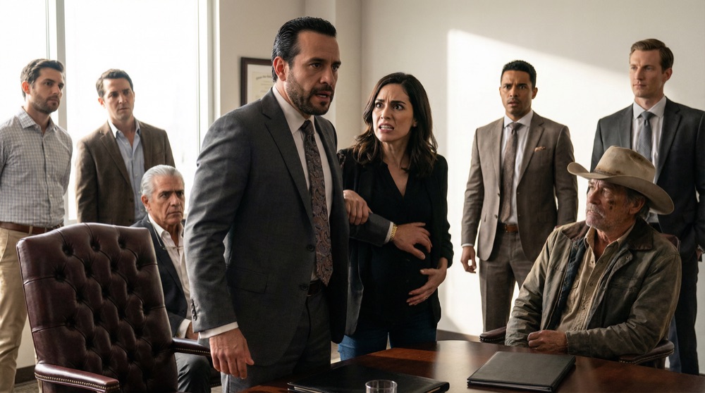 Patricio stands, pushing back his chair, Luciana grabbing his arm with panic on her face as he opens his mouth to speak