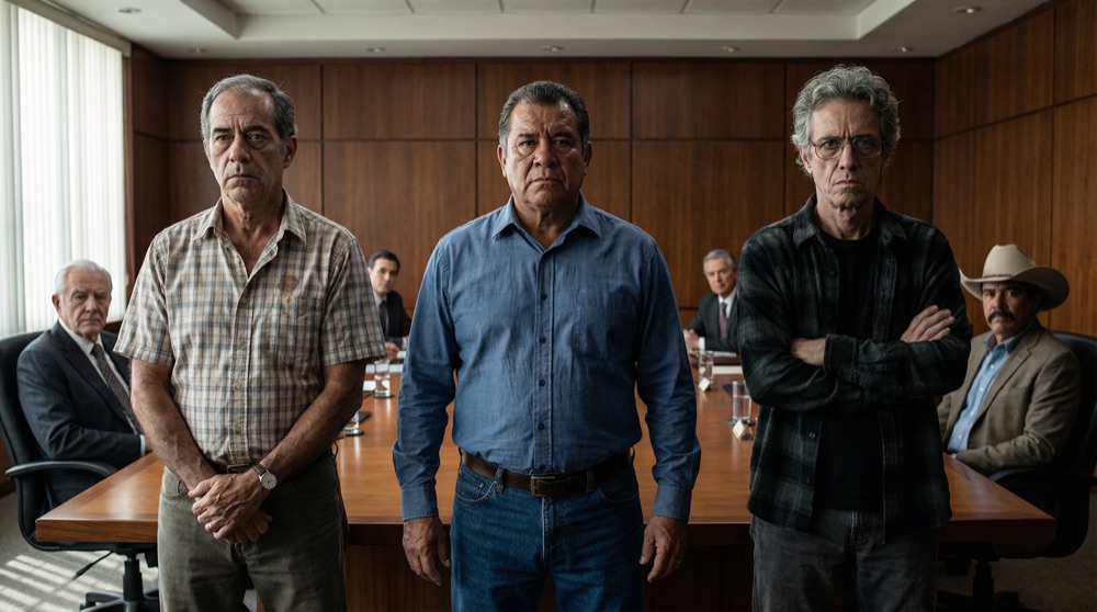 Héctor, Mando, and Rafa stand shoulder to shoulder facing the board, weathered faces showing decades of loyalty and something fierce: defiance