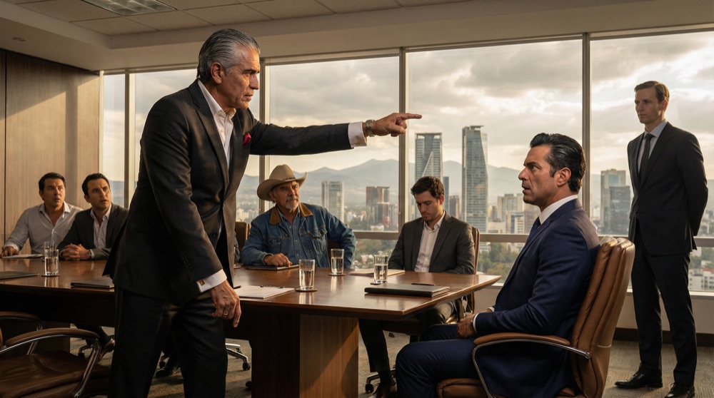 Don Rodrigo stands at the head of the table, his hand extended toward Bruno, pointing toward the door with the weight of a final verdict