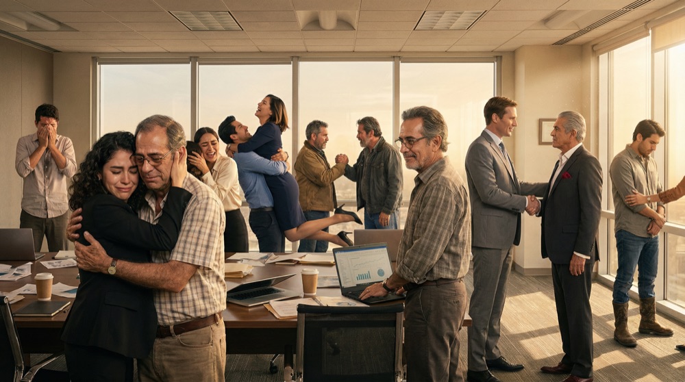 The team embraces in the boardroom — tears, laughter, relief. Don Rodrigo shakes Stefan's hand while Valentina hugs Héctor